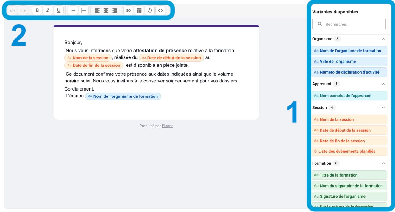 Éditeur de modèle de mail dans Planor