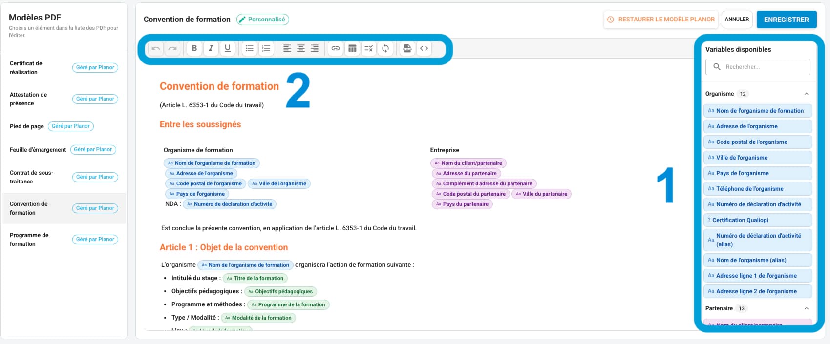 Édition d'un modèle de document dans Planor
