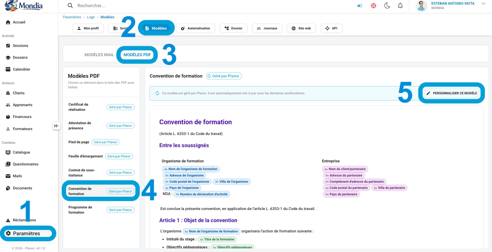 Paramétrage des modèles de documents dans Planor