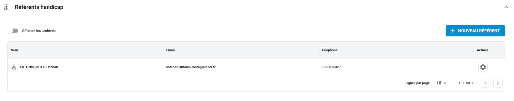 Paramétrage du référent handicap dans Planor