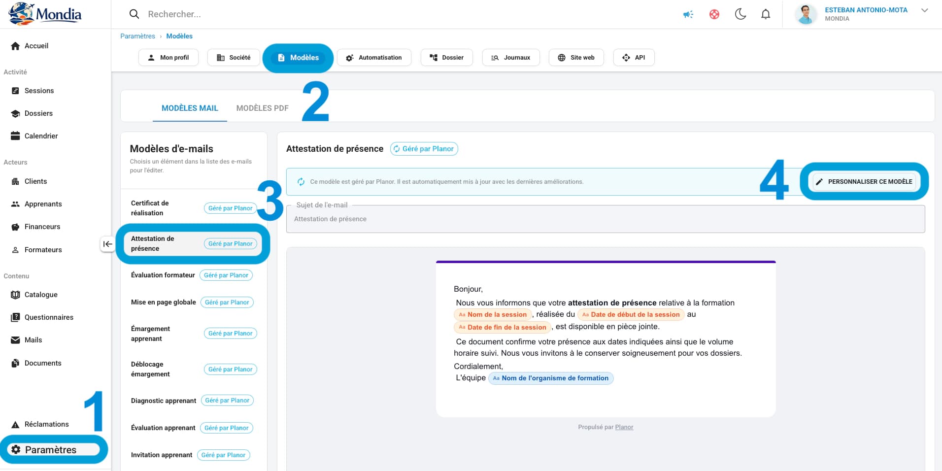 Paramétrage des modèles de mails dans Planor