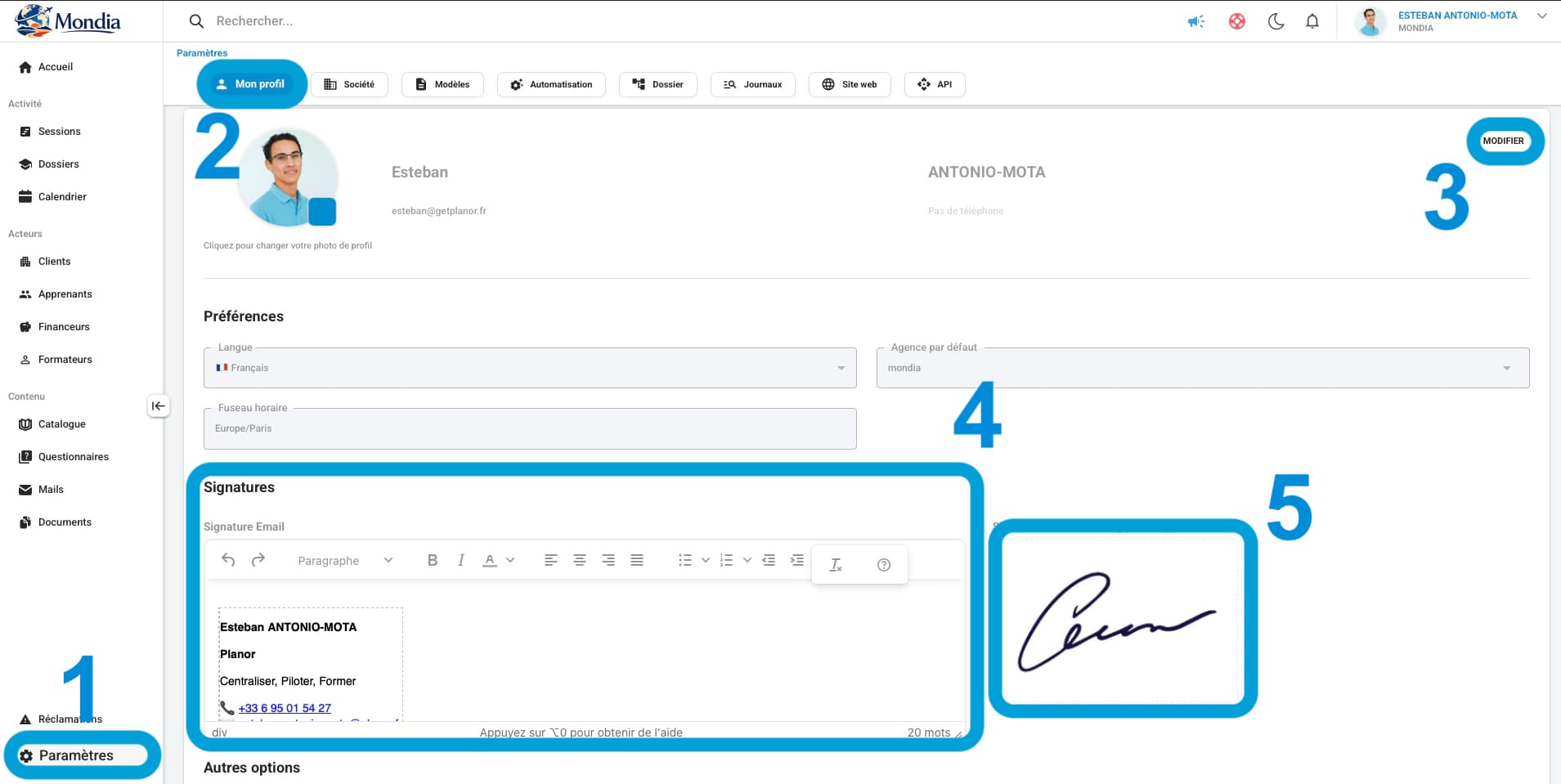 Page Mon profil dans les paramètres Planor